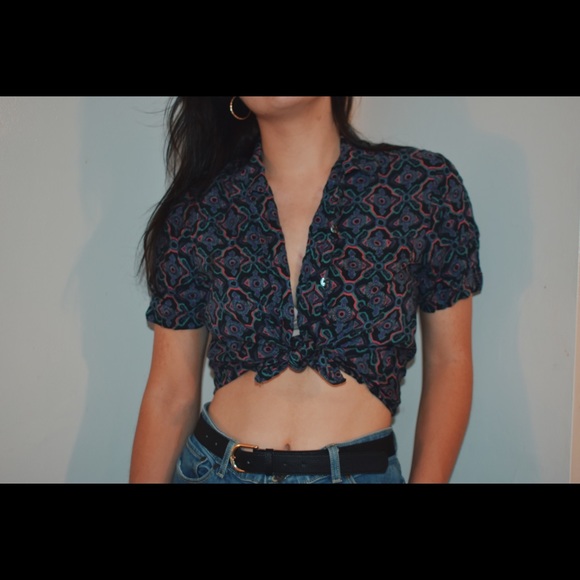 Vintage Funky Pattern Button Up Crop Top - Picture 2 of 3
